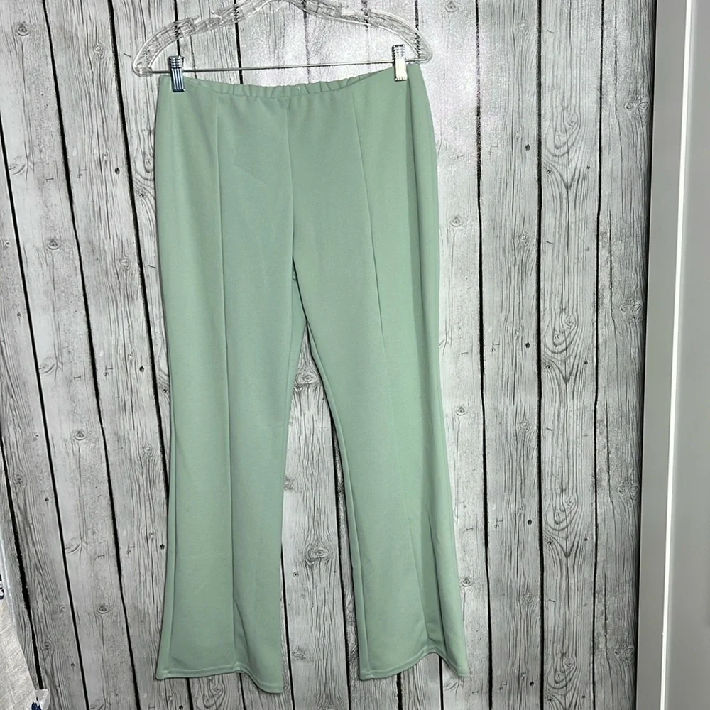 ASOS DESIGN jersey suit low rider baby kick flare pants in sage size 12p